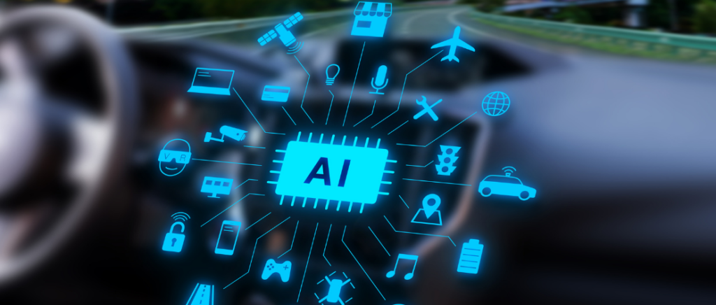 Símbolos digitais dentro de um caminhão ilustram a inteligência artificial contra roubos de carga.