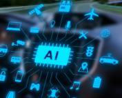 Símbolos digitais dentro de um caminhão ilustram a inteligência artificial contra roubos de carga.
