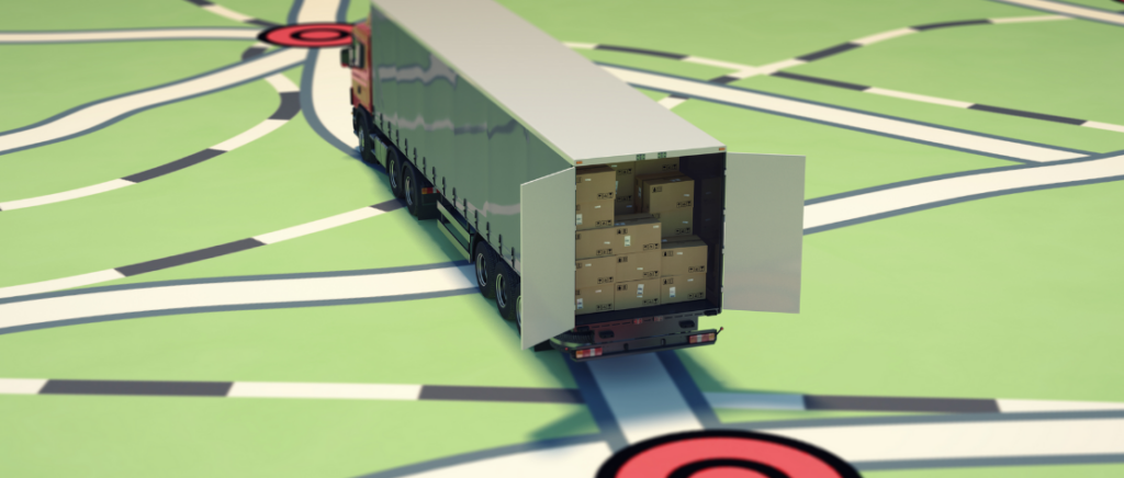 Caminhão de carga com portas abertas em rota de mapa digital, revelando caixas no interior, representando entrega e logística direcionada por geolocalização.