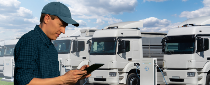 Homem em frente à frota de caminhões com tablet ilustra o combate ao roubo de cargas.