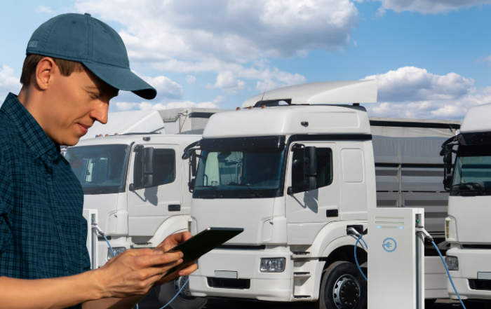 Homem em frente à frota de caminhões com tablet ilustra o combate ao roubo de cargas.