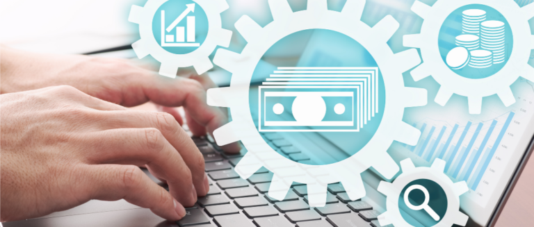 Uma pessoa está mexendo no computador. Ela está controlando as operações da sua empresa. Em frente a tela aparecem diversos ícones: um gráfico, notas de dinheiro, moedas empilhadas e uma lupa.