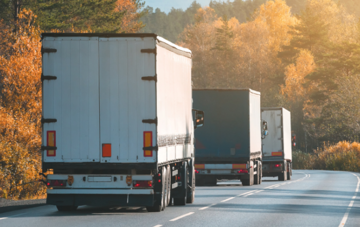 A imagem mostra uma estrada com caminhão baú. São 3 veículos indo na mesma direção, um atrás do outro. É possível ver a parte traseira de todos eles. A pista tem árvores grandes tanto do lado esquerdo como do direito.