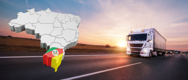 A imagem mostra ao lado direito um caminhão branco em uma estrada, rumo ao Rio Grande do Sul, representando os melhores tipos de cargas na região. Do lado esquerdo tem um mapa do Brasil com o estado do RS destacado pela sua bandeira.