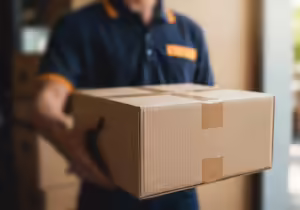 Visão em primeiro plano de um entregador segurando uma caixa de papelão parda selada com fita adesiva, representando a etapa de entrega de encomendas no frete CIF e FOB.